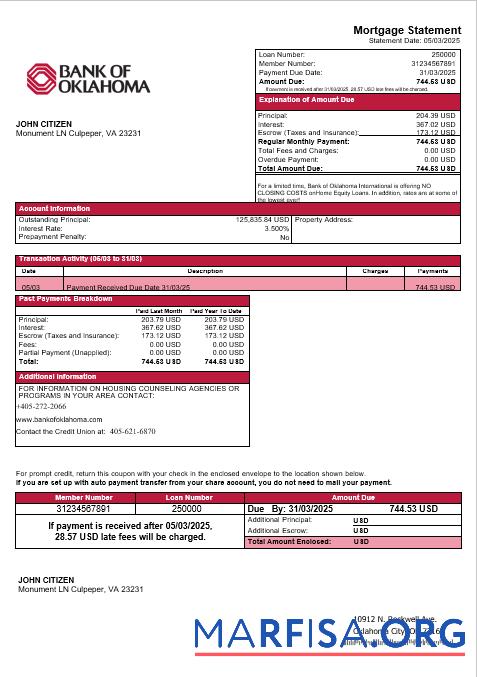 Printable USA Bank of Oklahoma mortgage statement in Word and PDF formats template